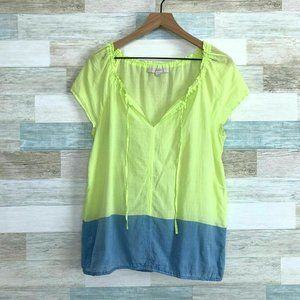 ⭐️LOFT Neon Colorblock Popover Top Green Blue Ruffles Lightweight Womens Medium